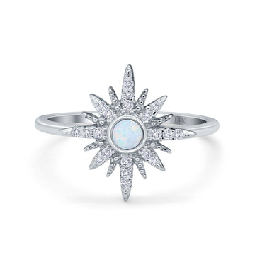 14K White Gold Cluster Starburst Ring Round Lab Created White Opal Bridal Simulated CZ Wedding Engagement Size-7